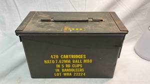 lot 249 image: Military Surplus M80 Ammo Can 7.62mm NATO
