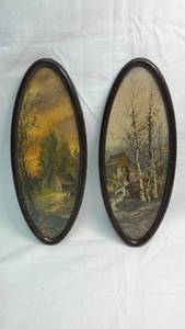 lot 15 image: Vintage Pair of Small Oval Landscape Paintings with Cottage Scenes