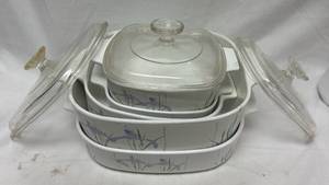 lot 76 image: Corning Ware Shadow Iris Casserole Dish Set with Glass Lids