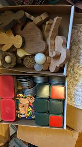 lot 50614 image: Mixed Craft Supply Lot with Wooden Shapes and Metal Tins