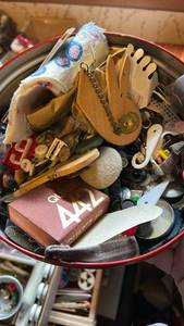 lot 50622 image: Mixed Sewing Notions and Supplies Lot in Tin Container