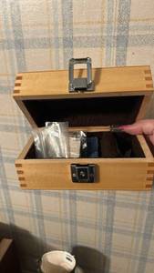 lot 50625 image: Wooden Storage Box with Electronics and Accessories