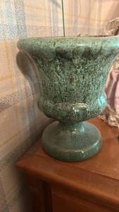 lot 50628 image: MCM Green Ceramic Planter with Stained Glass Angel Garden Stake