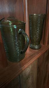lot 50649 image: MCM Green Textured Glass Pitcher and vase
