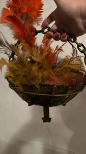 lot 50663 image: Ornate Metal Hanging Basket with Feather Decorations