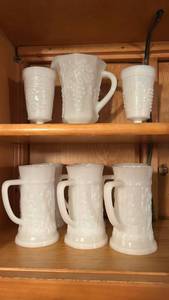 lot 50679 image: White Milk Glass Pitcher and Drinkware Set