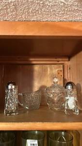lot 50690 image: Cut Crystal Glass Serving Set with Salt and Pepper Shakers