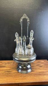 lot 50717 image: Silver Plated Glass Cruet Set on Rotating Stand