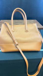lot 60463 image: Madison West Tan Leather Satchel Handbag with Shoulder Strap