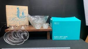 lot 6001 image: Anchor Hocking Glass Punch Bowl Set with Cups and Homestead Snack Set Collection