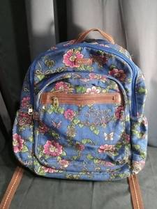 lot 5800 image: Sakroots Blue Floral Embroidered Backpack with Brown Leather Trim