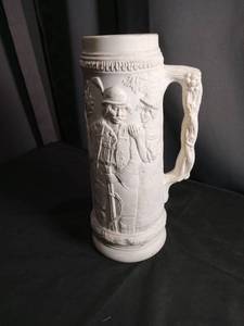 lot 5805 image: White Ceramic German Beer Stein with Relief Figures