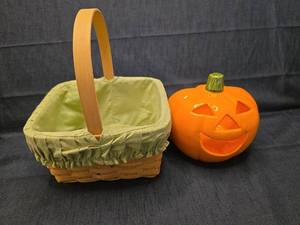 lot 50055 image: Halloween Ceramic Jack-o-Lantern and Wicker Basket Set
