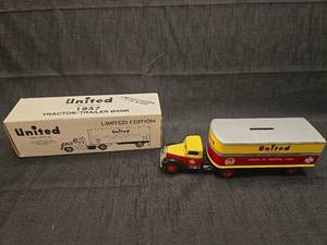 lot 50193 image: United Van Lines 1937 Tractor Trailer Bank Die-Cast Metal