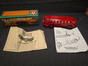 lot 50197 image: Texaco 1934 Diamond T Tanker Truck Coin Bank Series #11 Red Die-Cast Metal with Box