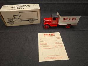 lot 50198 image: 1931 Hawkeye Motor Truck Bank PIE Pacific Intermountain Express Die Cast Model