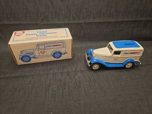 lot 50202 image: 1932 FINA Panel Delivery Bank Die-Cast Metal Truck with Original Box