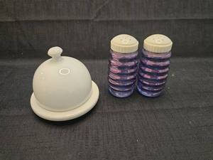 lot 50237 image: White Ceramic Sugar Bowl with Lid and Purple Glass Salt Pepper Shakers