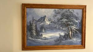 lot 703 image: Winter Mountain Landscape Oil Painting in Oak Frame
