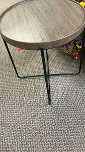 lot 739 image: Round Wood Top Side Table with Black Metal Base