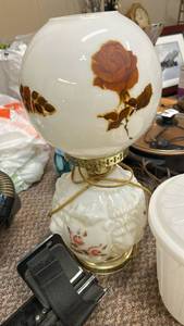 lot 751 image: White Glass Hurricane Lamp with Rose Pattern