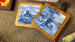 lot 770 image: Delftware Collection Blue and White Ceramic Tiles with Wooden Display Frames