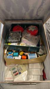 lot 837 image: Decorative Wooden Sewing Box with Complete Crafting Supplies