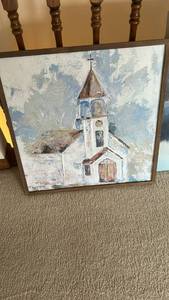 lot 839 image: Framed Church Oil Painting with Bell Tower
