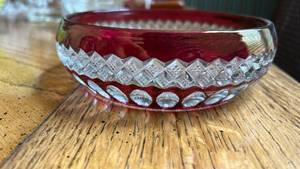lot 870 image: Ruby Red Crystal Glass Bowl with Diamond Cut Pattern