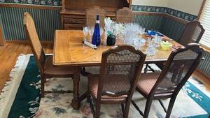 lot 876 image: Oak Dining Set with Cane Back Chairs with 2 additional leaves