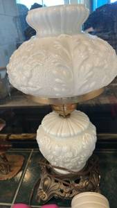 lot 880 image: Ornate Oil Lamp with Floral Pressed Glass Base