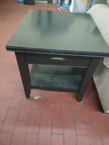 lot 59881 image: Black Wood Side Table with Drawer and Shelf