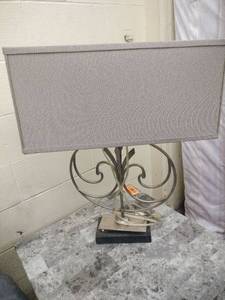 lot 59888 image: Set of 2 Modern Table Lamps with Gray Fabric Shade and Decorative Metal Base (One with Broken Plug)