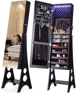 lot 59890 image: YOKUKINA Mirror Jewelry Cabinet Standing, Large Storage Jewelry Armoire, Full-Length Frameless Mirror with Jewelry Storage, 12 LED Lockable Standing Jewelry Organizer (Black)