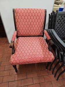 lot 59913 image: Colonial Style Wingback Chair with Red Damask Upholstery