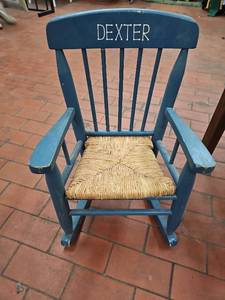 lot 59967 image: Blue Painted Wooden Childrens Rocking Chair with Woven Seat