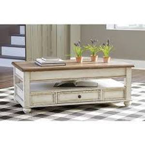 lot 59877 image: Ashley Realyn Lift Top Cocktail Table in White and Brown - Retail- $439.99