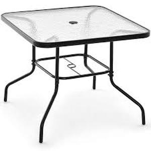 lot 59904 image: Angeles Home 34 in. Square Metal Outdoor Dining Table with Tempered Glass Tabletop and 1.5 in. Umbrella Hole