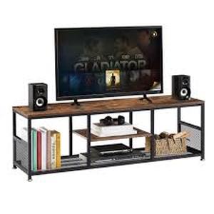 lot 59908 image: VECELO rustic industrial TV stand features a metal mesh frame and built-in power outlets