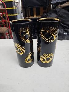 lot 60668 image: Decorative Black and Gold Eye Print Glass Vases