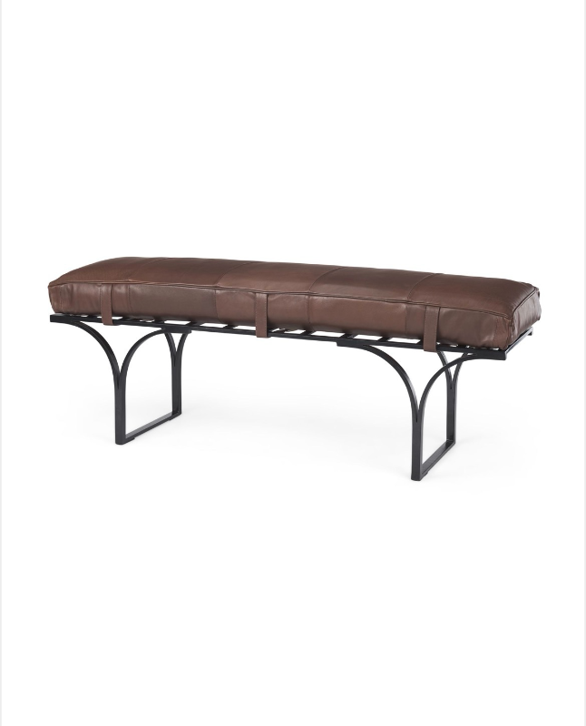 lot 5109018 image: Mercana Jessie 55L x 16W x 19H Dark Brown Leather Seat wBlack Metal Base Accent Bench 70052  - Retail $1169.99