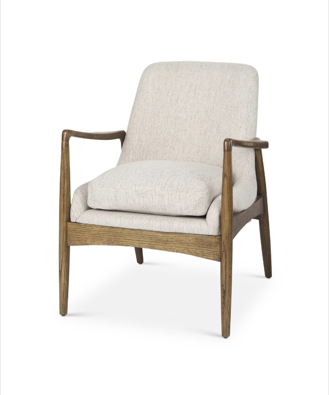 lot 5109026 image: Mercana Westan Cream Fabric wMedium Brown Wood Accent Chair 69816 32.28 H x 26.57 W x 27.76 D - Retail $1,623