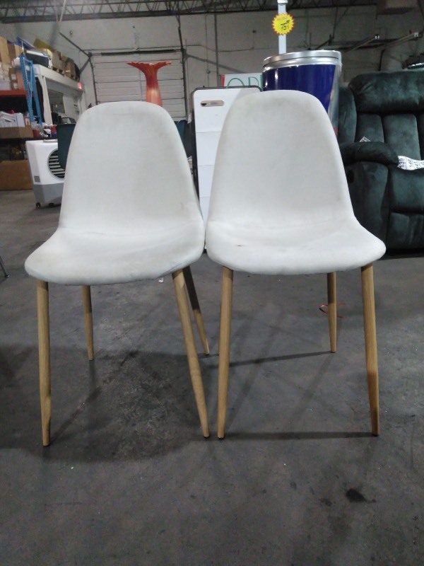 lot 3544124 image: Set of 2 White Linen Upholstered Dining Chairs Shipping Dust Present Retail $100