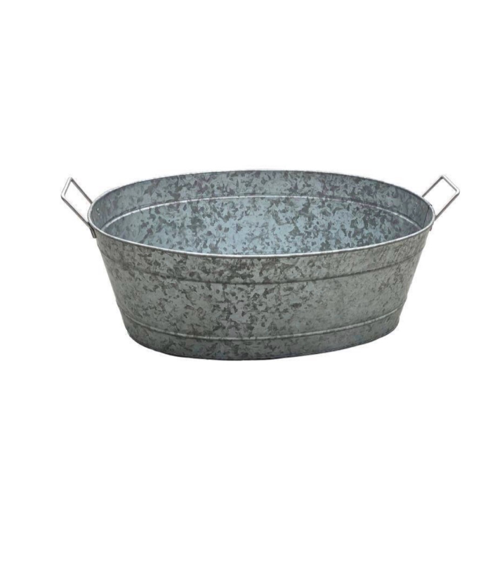 lot 4651023 image: Benjara 1.7 Gal. Large Silver Oval Shape Embossed Design Galvanized Steel Tub with Side Handles - Retail $52