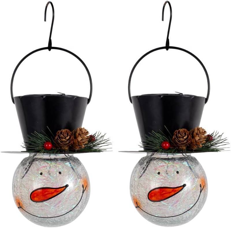 lot 7544 image: Viveta 2Pack Snowman Solar Lantern,Christmas Outdoor Hanging Lanterns, Waterproof Solar Lantern with Crackle Glass Ball for Garden Patio Yard Decor (Pinecone)