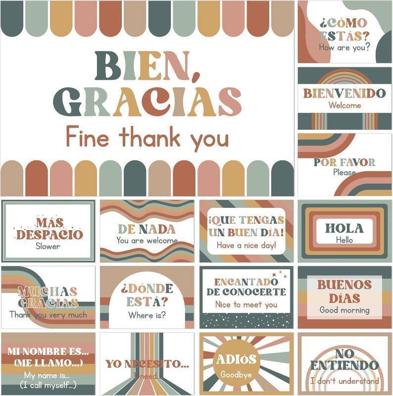 lot 9663 image: BelleAngle 16Pcs Bilingual Posters Spanish English Words and Phrases Poster Set Educational Materials for Teachers Preschool Back to School Classroom Decorations