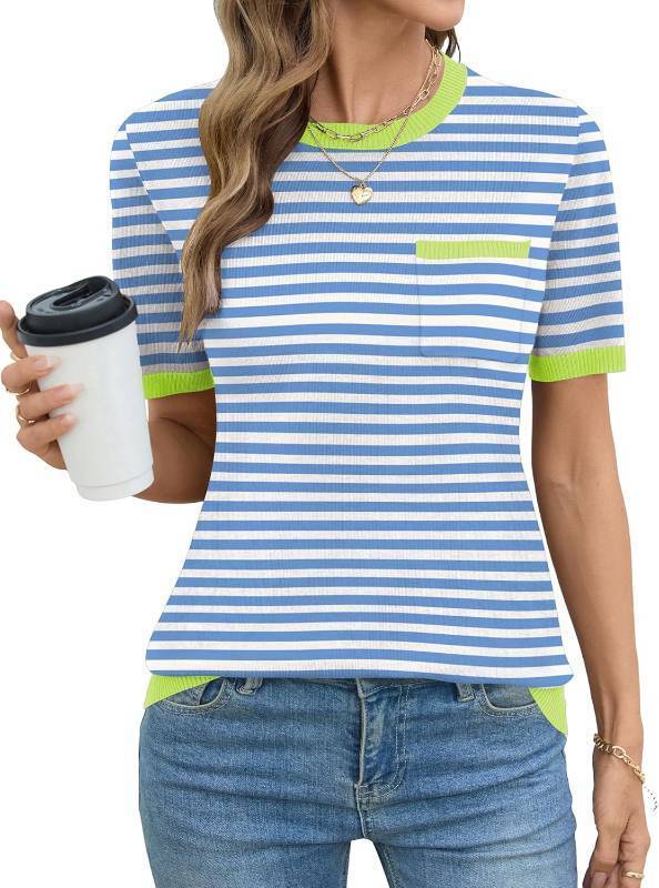 lot 9692 image: Rapbin Short Sleeve Sweater for Women Spring Summer Knit Tops Crew Neck Casual Lightweight Pullover Sweaters with Pocket SIZE S