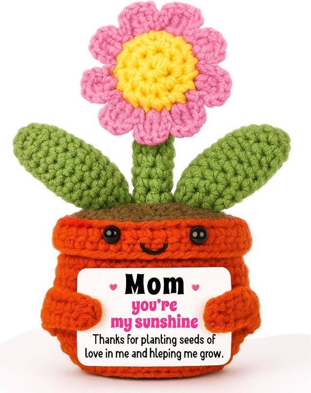 lot 9714 image: Handmade mom Gifts Crochet Pink Sunflower Potted Plant with Card, Retirement Birthday Appreciation Get Well Soon Gifts for mom Mothers Day, Sunflower Decor Decorations