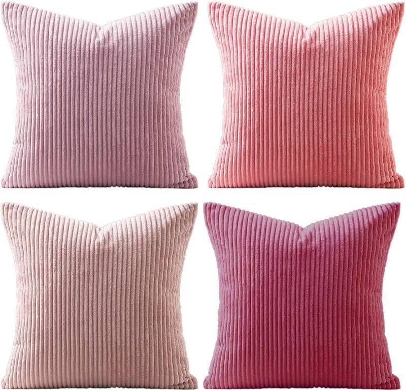 lot 9880 image: Fall Decorative Throw Pillow Covers 18x18 Inch Set of 4, Farmhouse Decorations Gradient Corduroy Striped Cushion Cover Western Modern Boho Decor Couch Pillow Case for Home, Pink