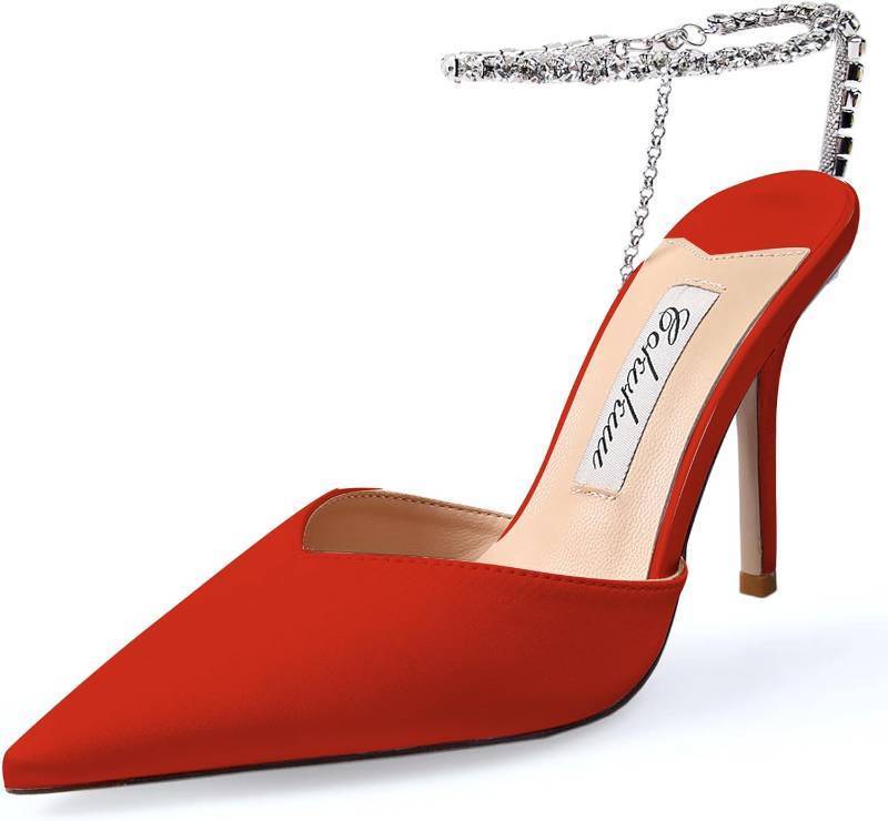 lot 9909 image: Womens Heeled Sandals Crystal Chain Ankle Straps Rhinestones Buckle High Heels Stiletto Slip On Wedding Party Satin Dress Shoes 3.9 IN SIZE 43